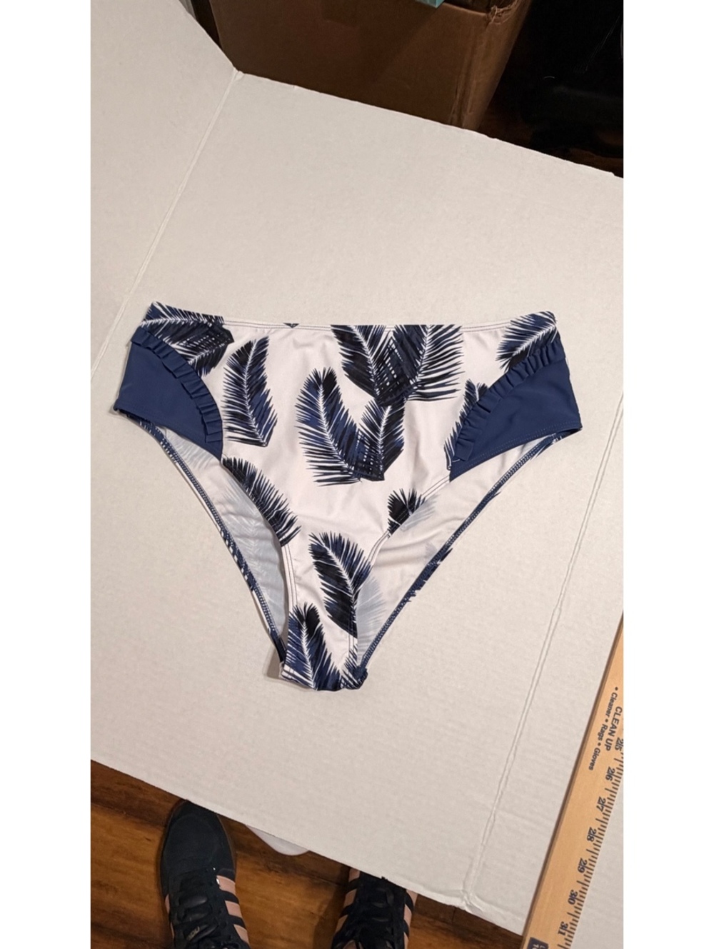 Women’s XL Blue White Palm Leaf High Waist Bikini Bottom Ruffle Swimwear